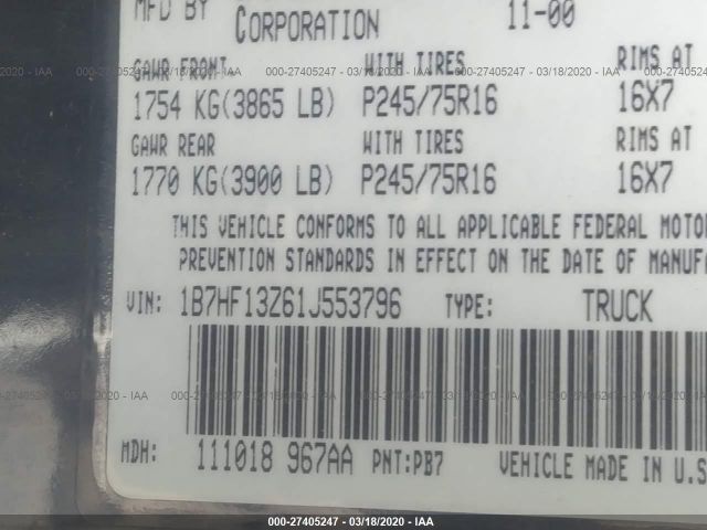 1B7HF13Z61J553796 - 2001 DODGE RAM 1500  Blue photo 9