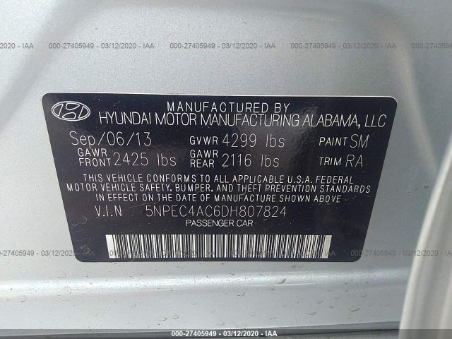 5NPEC4AC6DH807824 - 2013 HYUNDAI SONATA SE/LIMITED Silver photo 9