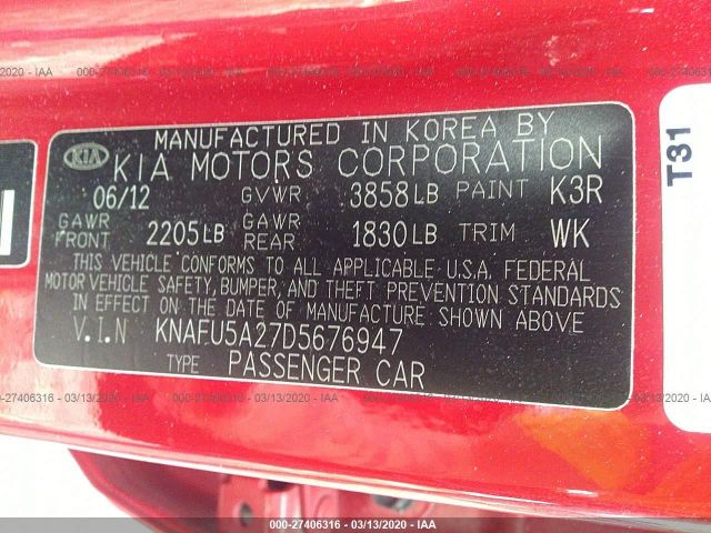 KNAFU5A27D5676947 - 2013 KIA FORTE EX Red photo 9