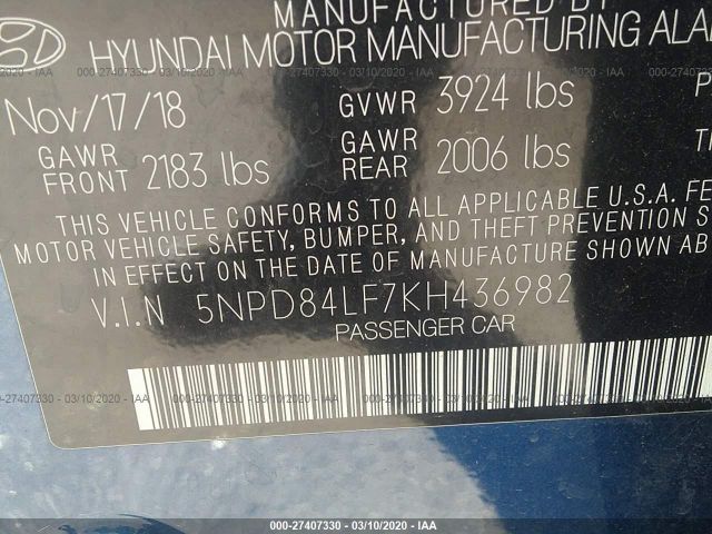 5NPD84LF7KH436982 - 2019 HYUNDAI ELANTRA SEL/VALUE/LIMITED Blue photo 9