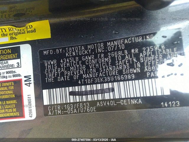 4T1BF3EK3BU166989 - 2011 TOYOTA CAMRY SE/LE/XLE 黑色 照片 9