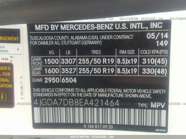 4JGDA7DB8EA421464 - 2014 MERCEDES-BENZ ML 550 4MATIC White photo 9