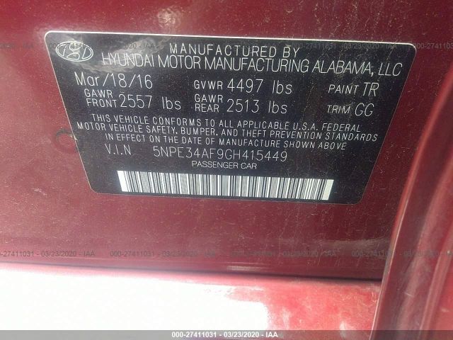 5NPE34AF9GH415449 - 2016 HYUNDAI SONATA SPORT/LIMITED Red photo 9