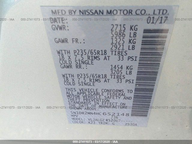 5N1DR2MN4HC652148 - 2017 NISSAN PATHFINDER S/SV/SL/PLATINUM Silver photo 9