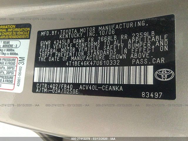 4T1BE46K47U610332 - 2007 TOYOTA CAMRY CE/LE/XLE/SE Cream photo 9