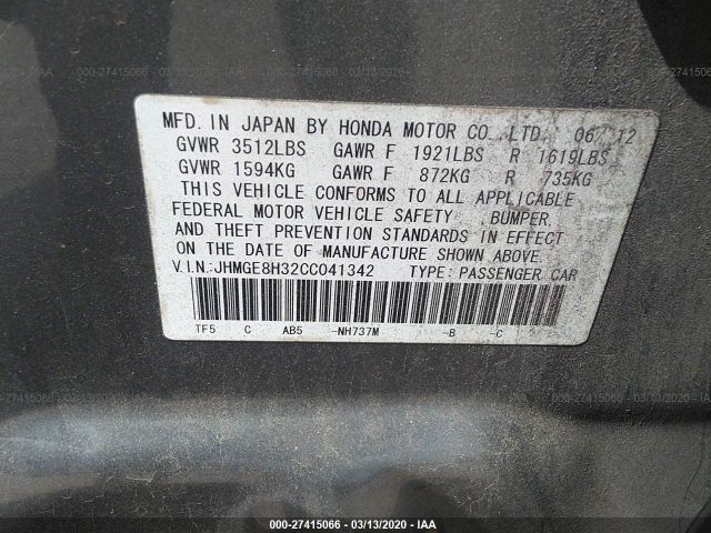 JHMGE8H32CC041342 - 2012 HONDA FIT  Gray photo 9