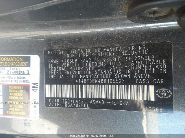 4T4BF3EK4BR105527 - 2011 TOYOTA CAMRY SE/LE/XLE Gray photo 9