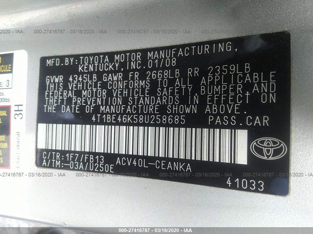 4T1BE46K58U258685 - 2008 TOYOTA CAMRY CE/LE/XLE/SE Silver photo 9
