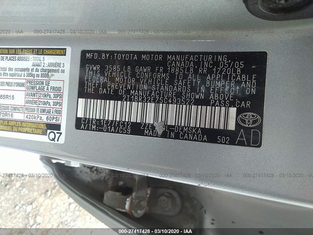 2T1BR32E75C493522 - 2005 TOYOTA COROLLA CE/LE/S Gray photo 9