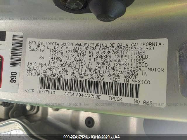 3TMJU62N08M062964 - 2008 TOYOTA TACOMA DOUBLE CAB PRERUNNER Silver photo 9