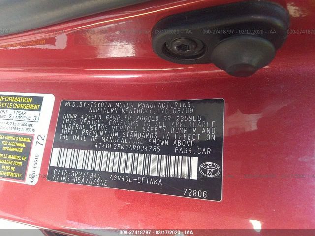 4T4BF3EK1AR034785 - 2010 TOYOTA CAMRY SE/LE/XLE Red photo 9