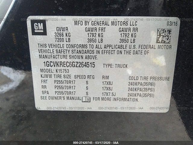 1GCVKREC6GZ264515 - 2016 CHEVROLET SILVERADO K1500 LT Black photo 9