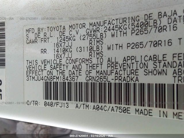 3TMJU4GN8FM184367 - 2015 TOYOTA TACOMA DOUBLE CAB PRERUNNER White photo 9