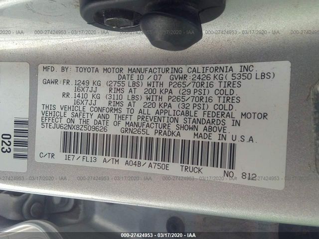 5TEJU62NX8Z509626 - 2008 TOYOTA TACOMA DOUBLE CAB PRERUNNER Silver photo 9