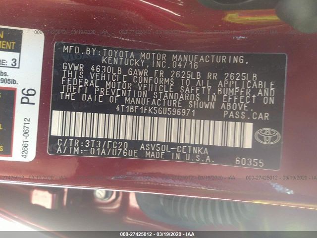 4T1BF1FK5GU596971 - 2016 TOYOTA CAMRY LE/XLE/SE/XSE Maroon photo 9