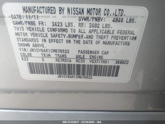 JN1CV6AR1CM676522 - 2012 INFINITI G37  Silver photo 9