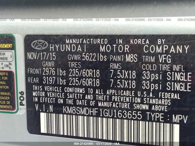 KM8SMDHF1GU163655 - 2016 HYUNDAI SANTA FE SE Silver photo 9