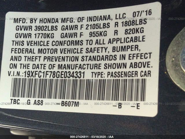 19XFC1F78GE034331 - 2016 HONDA CIVIC EXL 蓝色 照片 9