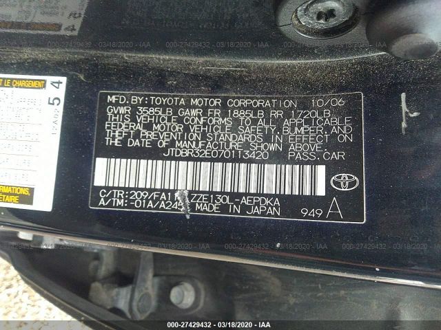 JTDBR32E070113420 - 2007 TOYOTA COROLLA CE/LE/S Black photo 9