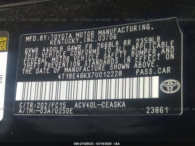 4T1BE46KX7U012228 - 2007 TOYOTA CAMRY CE/LE/XLE/SE Black photo 9
