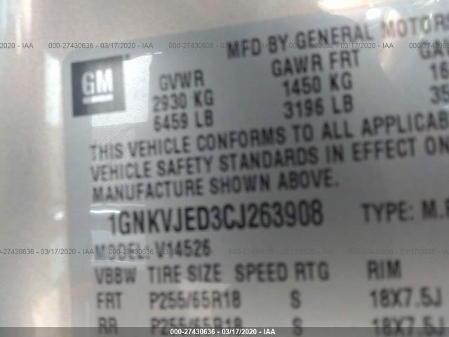 1GNKVJED3CJ263908 - 2012 CHEVROLET TRAVERSE LT Gray photo 9