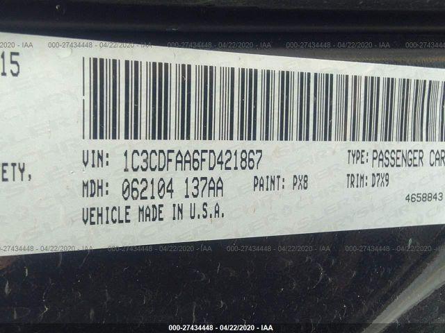 1C3CDFAA6FD421867 - 2015 DODGE DART SE Black photo 9