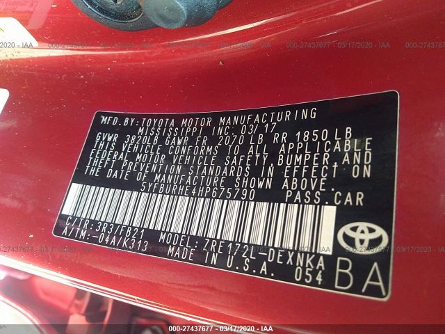 5YFBURHE4HP675790 - 2017 TOYOTA COROLLA L/LE/XLE/SE/XSE Red photo 9