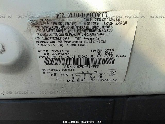 1LNHL9DK9DG614998 - 2013 LINCOLN MKS  White photo 9