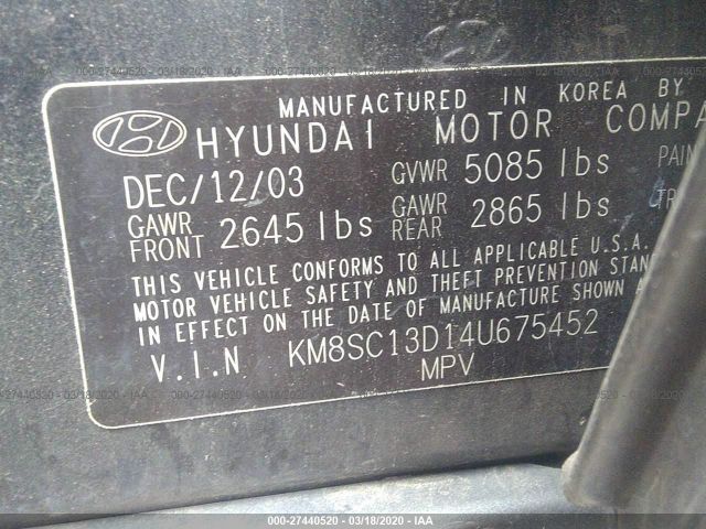 KM8SC13D14U675452 - 2004 HYUNDAI SANTA FE GLS/LX Blue photo 9