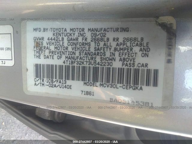 4T1BF32K73U542230 - 2003 TOYOTA CAMRY LE/XLE/SE Silver photo 9