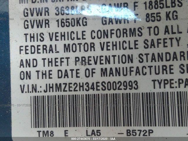 JHMZE2H34ES002993 - 2014 HONDA INSIGHT  Blue photo 9