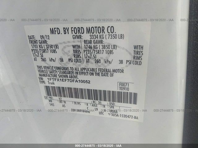 1FTFX1EF7DFA10052 - 2013 FORD F150 SUPER CAB White photo 9