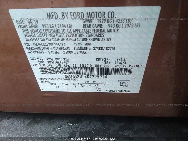 MAJ6S3GLXKC295914 - 2019 FORD ECOSPORT SE Orange photo 9