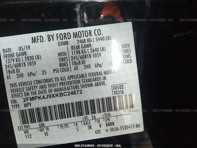 2FMPK4J9XKBC24872 - 2019 FORD EDGE SEL Black photo 9