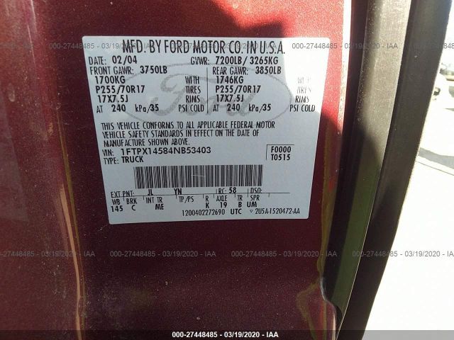 1FTPX14584NB53403 - 2004 FORD F150  Burgundy photo 9