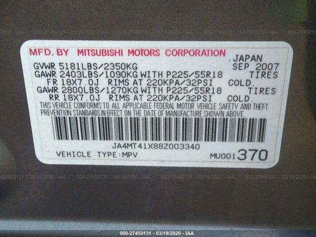 JA4MT41X88Z003340 - 2008 MITSUBISHI OUTLANDER XLS Gray photo 9