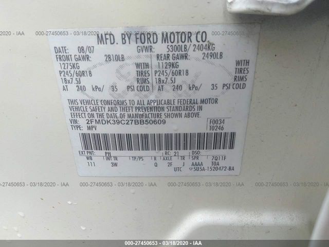 2FMDK39C27BB50609 - 2007 FORD EDGE SEL PLUS White photo 9