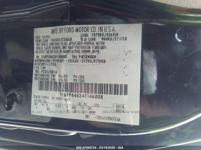 1FAFP44624F146808 - 2004 FORD MUSTANG  Black photo 9