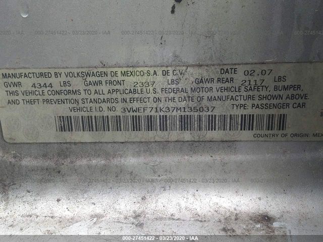 3VWEF71K37M135037 - 2007 VOLKSWAGEN JETTA WOLFSBURG 银色 照片 9
