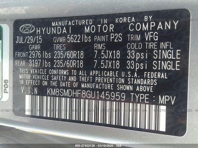 KM8SMDHF8GU145959 - 2016 HYUNDAI SANTA FE SE Gray photo 9