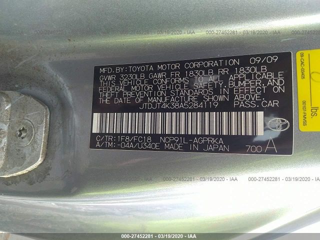 JTDJT4K38A5284119 - 2010 TOYOTA YARIS  Silver photo 9