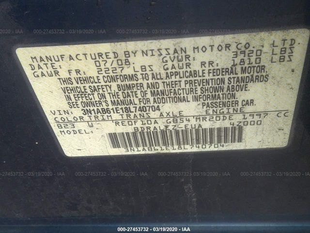 3N1AB61E18L740704 - 2008 NISSAN SENTRA 2.0/2.0S/2.0SL Blue photo 9