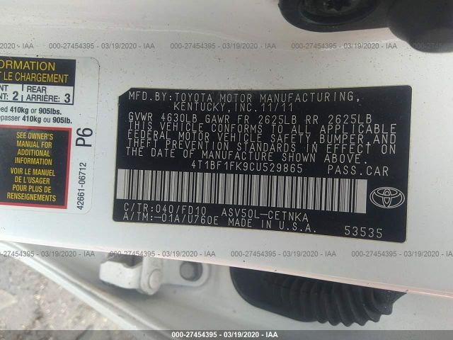 4T1BF1FK9CU529865 - 2012 TOYOTA CAMRY SE/LE/XLE 白色 照片 9
