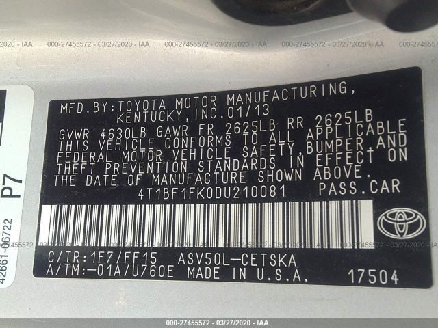 4T1BF1FK0DU210081 - 2013 TOYOTA CAMRY L/SE/LE/XLE 银色 照片 9