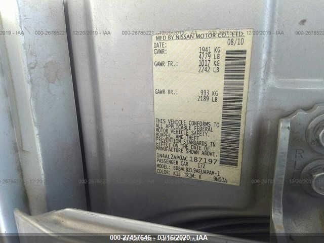 1N4AL2AP0AC187197 - 2010 NISSAN ALTIMA S Silver photo 9