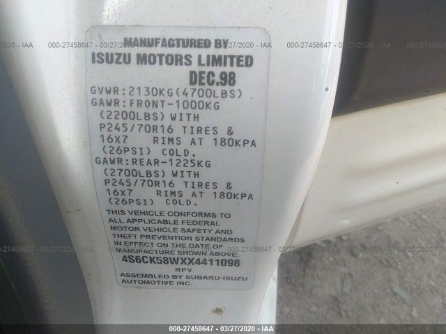 4S6CK58WXX4411098 - 1999 HONDA PASSPORT EX/LX 白色 照片 9