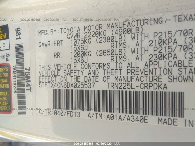 5TFTX4CN6DX025537 - 2013 TOYOTA TACOMA ACCESS CAB თეთრი ფოტო 9