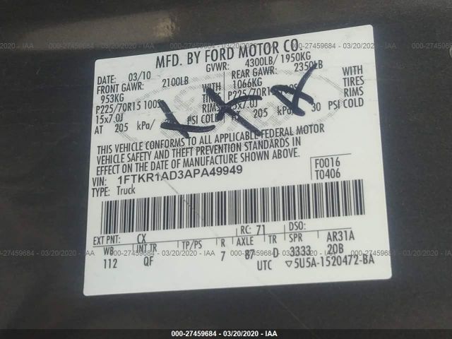 1FTKR1AD3APA49949 - 2010 FORD RANGER  Gray photo 9