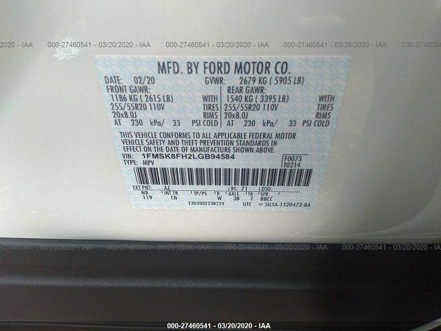 1FMSK8FH2LGB94584 - 2020 FORD EXPLORER LIMITED White photo 9