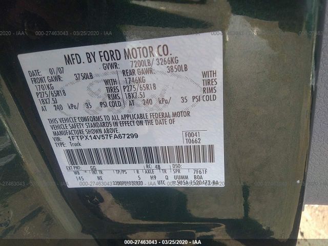 1FTPX14V57FA67299 - 2007 FORD F150  Green photo 9